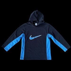 Y2K Nike Big Swoosh Hooded Pullover Fleece Black Blue Sz Youth M 10-12 | Wmns XS